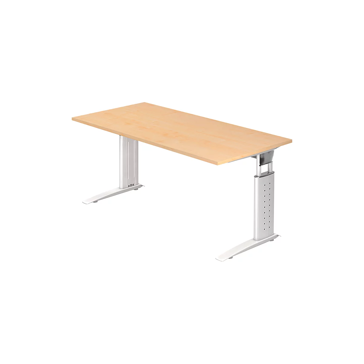 Height-adjustable desk, rectangular, light brown tabletop, light metal legs.