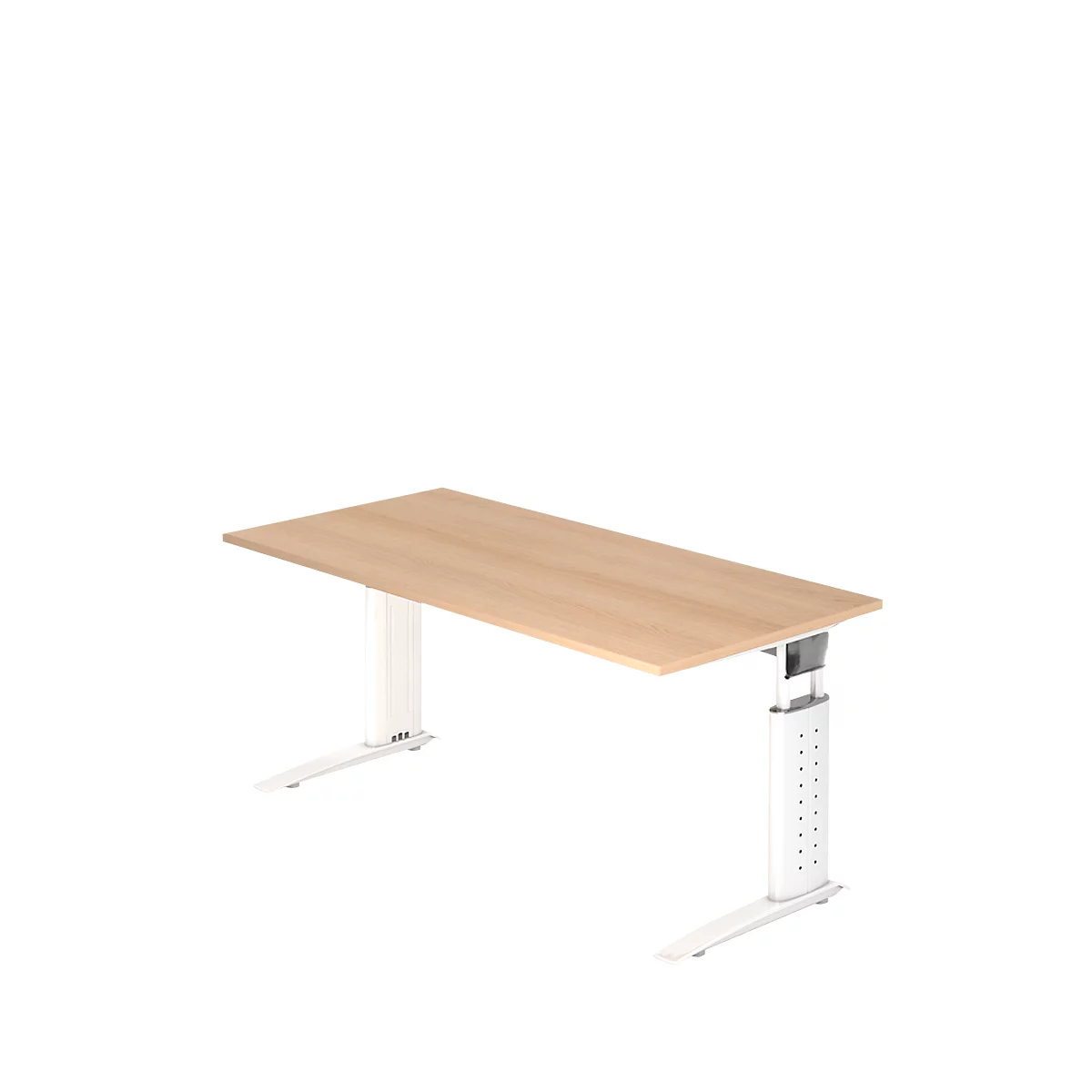 A light desk with a wooden top and white legs on a white background.