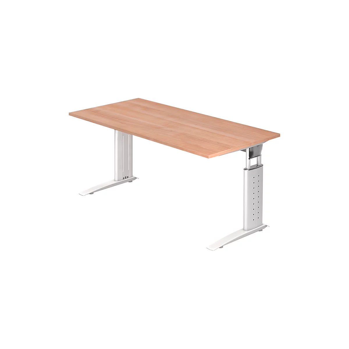 A height-adjustable desk made of light wood with white legs that are screwed to the table top.