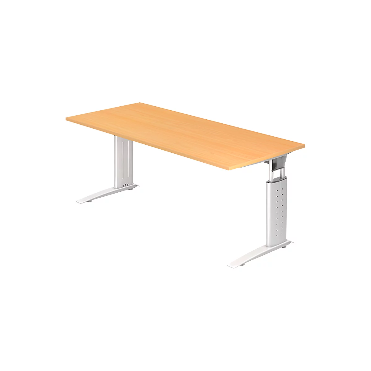 A height-adjustable desk with a light wood top and silver legs against a white background.