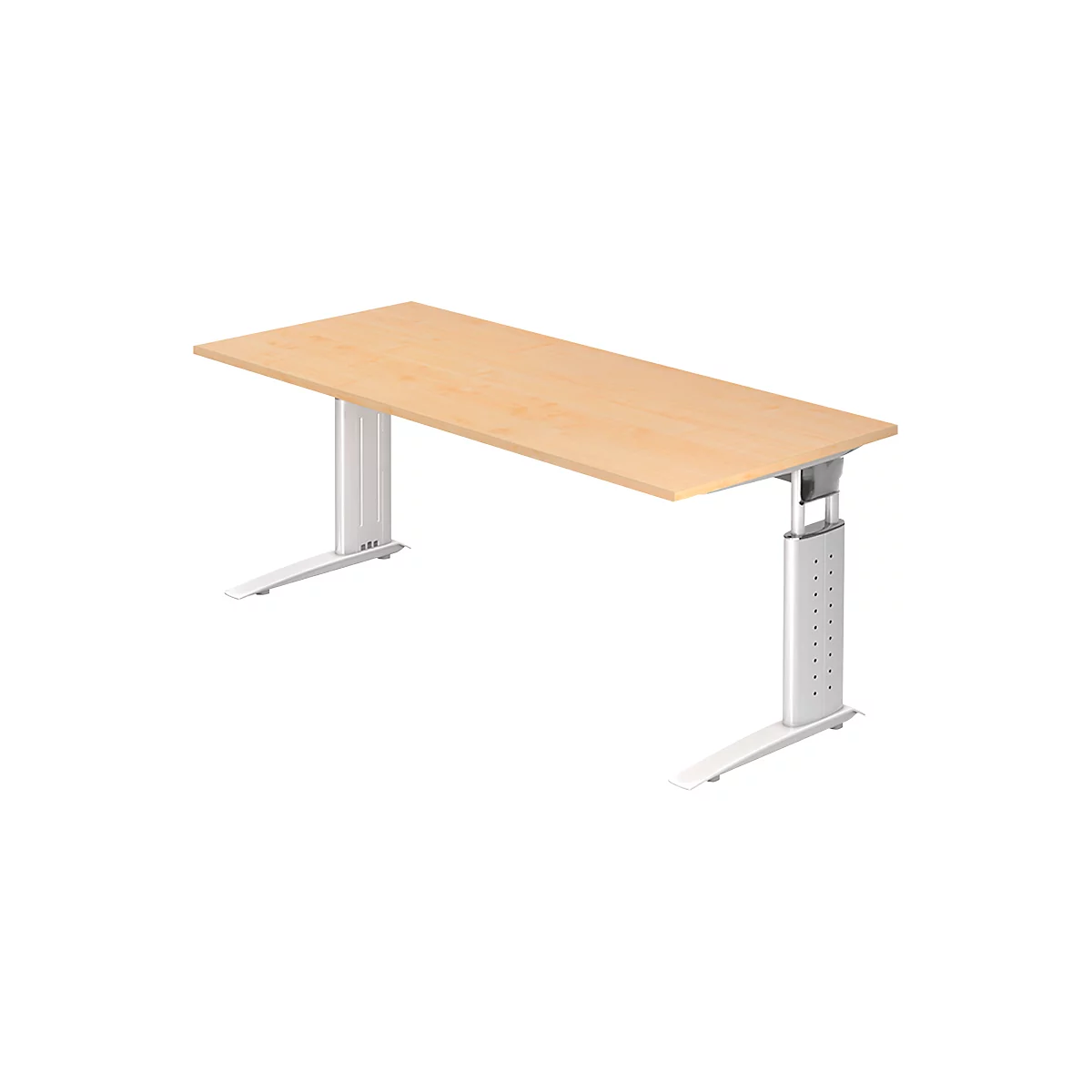 An adjustable-height desk with a wooden top and light gray frame. The legs are cylindrical with rectangular feet.