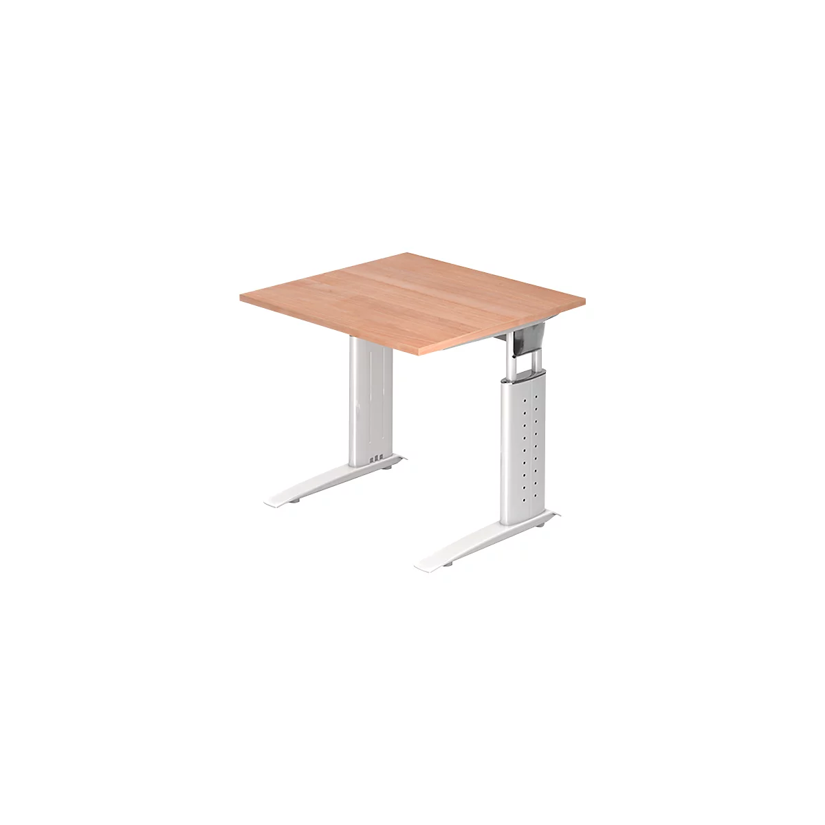A height-adjustable desk with a light brown tabletop and white legs.