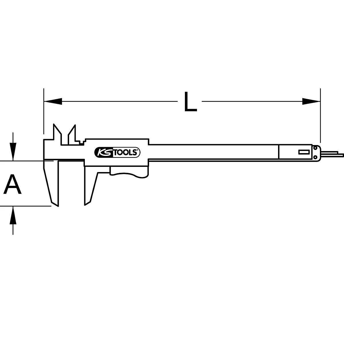 Schwarz-weiß-Zeichnung einer Schublehre. Die Maße A und L sind mit Pfeilen gekennzeichnet, der Schriftzug KS TOOLS ist zu sehen.