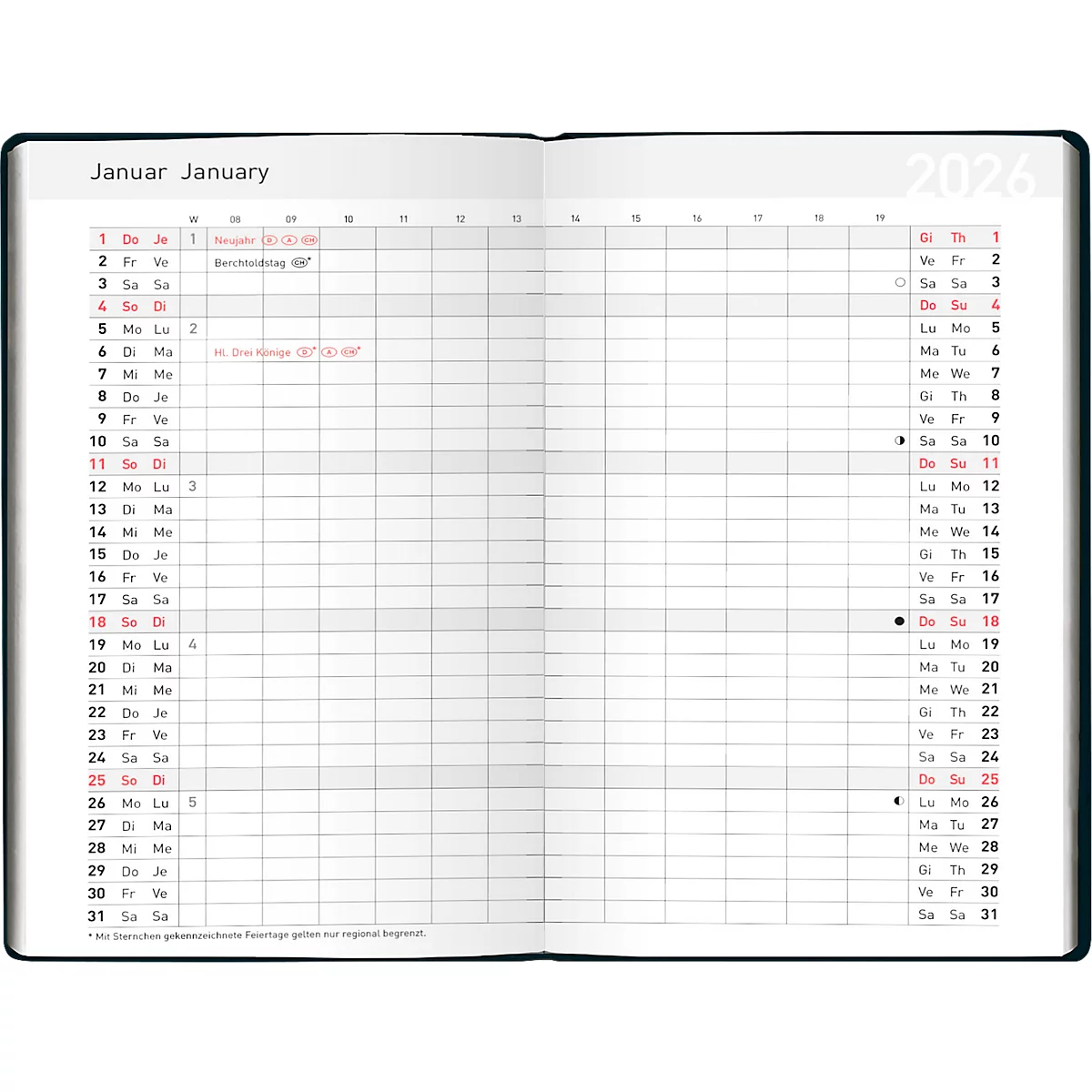 Kalender für Januar 2026, offen, mit Tages- und Monatsübersicht. Einige Tage sind mit Notizen versehen.