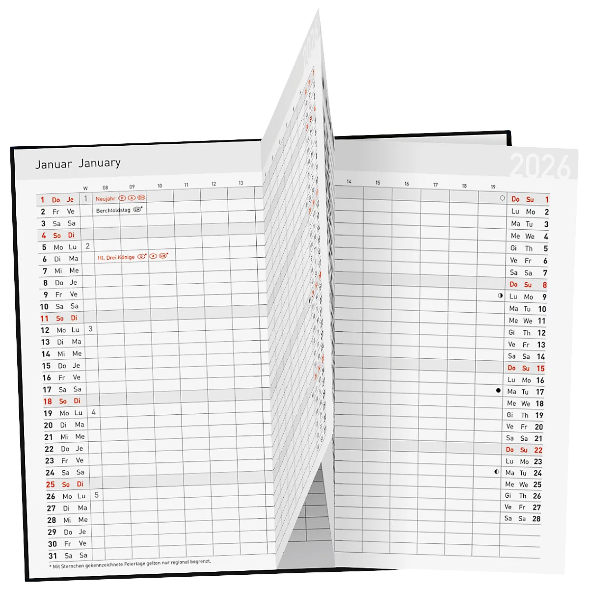 Taschenkalender Korsch Saturn Edition Natur 2026, A6, 30 Seiten, Monatsübersicht, Kalendarium für D/GB/F/I, austauschbares Adressheft, Karton, schwarz