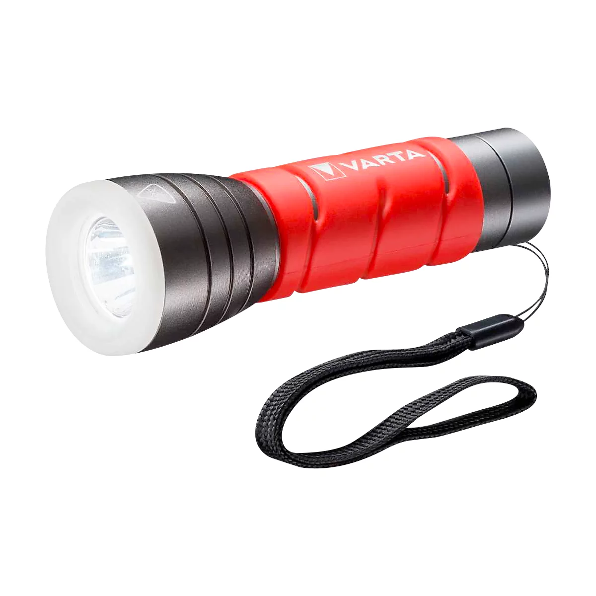 Taschenlampe VARTA Outdoor Sports F10, 250 lm, bis 130 m, bis 40 h, IPX4, 2 Leuchtmodi, nachtleuchtend, inkl. Batterien, Ø 40 x L 122 mm, rot-schwarz