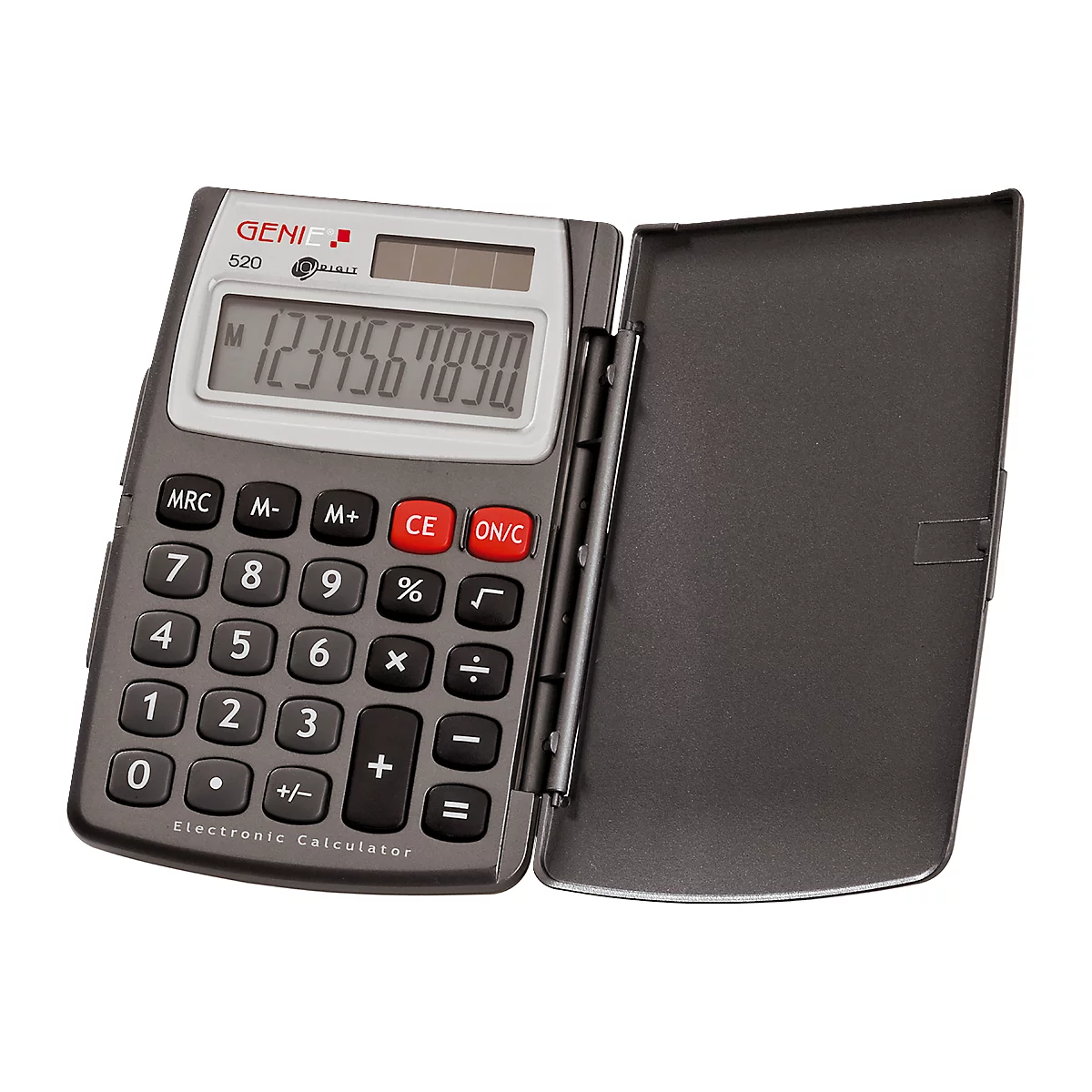 Ein grauer Taschenrechner mit aufgeklapptem Deckel zeigt die Ziffern 1234567890 an. Rote und schwarze Tasten.
