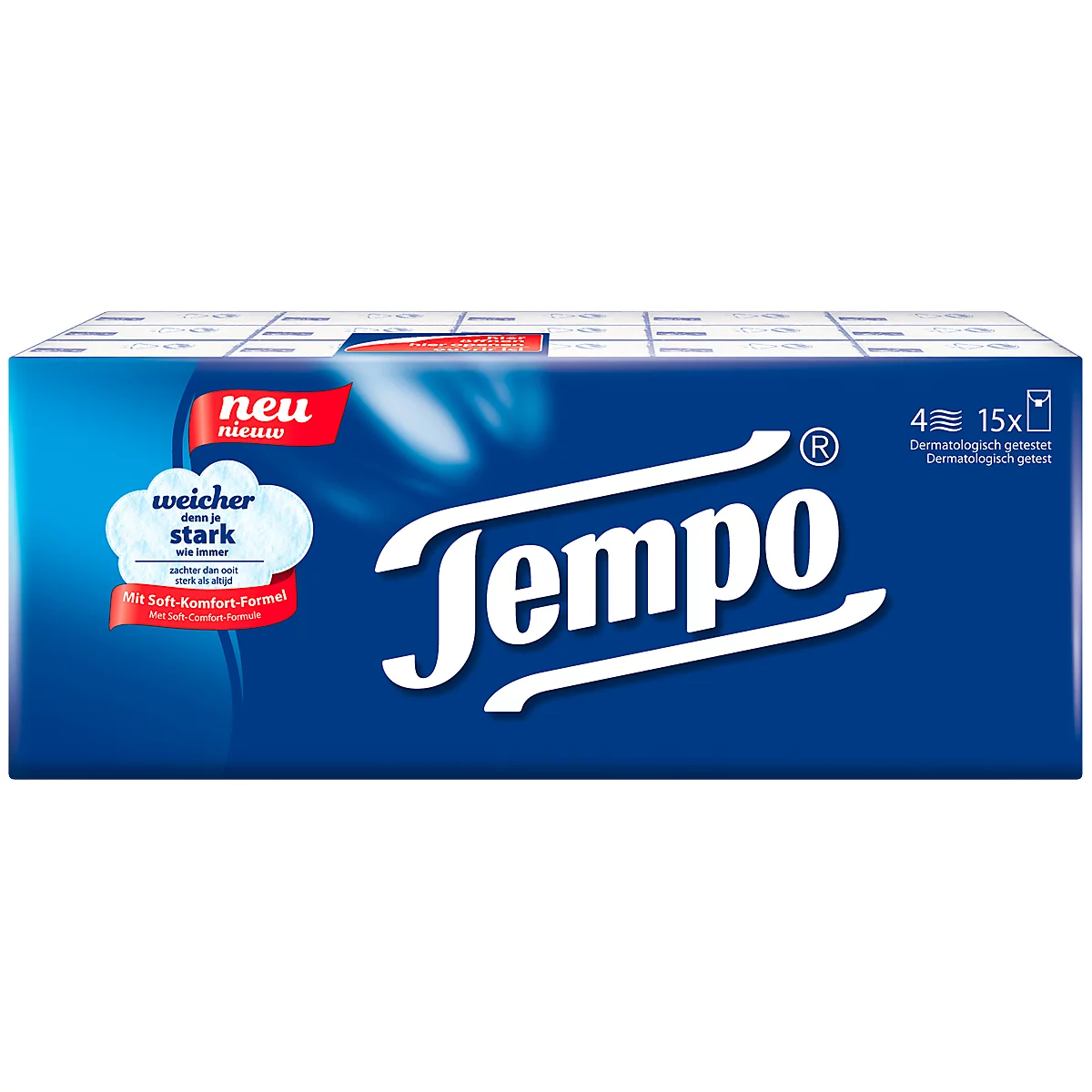 Blau verpackte Tempo Taschentücher-Box. Oben links 'neu', darunter ein Etikett mit 'weicher', 'stark' und 'mit Soft-Komfort-Formel'. Rechts: Tempo-Schriftzug.