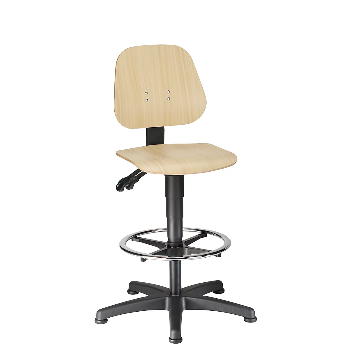 An adjustable height work chair with wooden back and seat, black frame, and footrest.