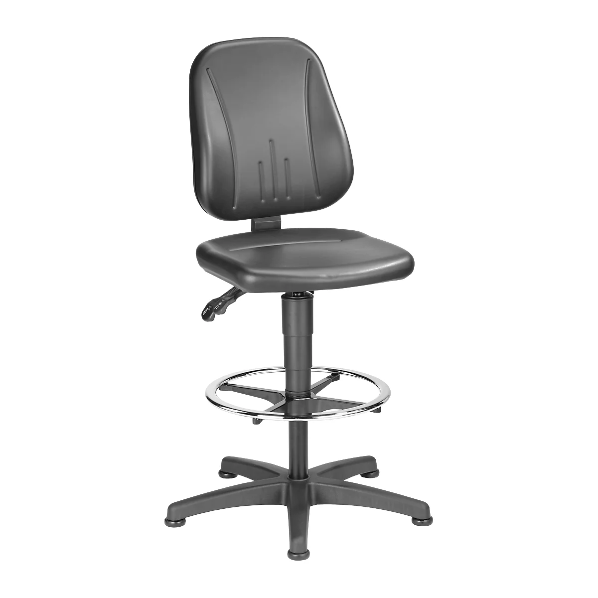 Black work chair with backrest, seat, footrest, and wheeled base.