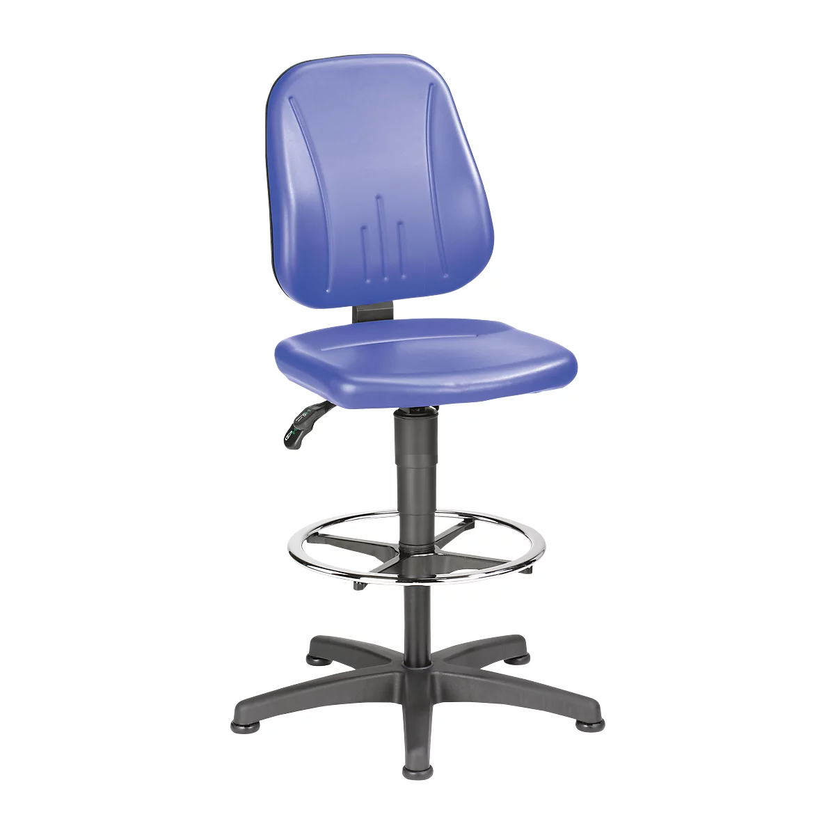 Blue work chair with backrest, seat, foot ring and base.