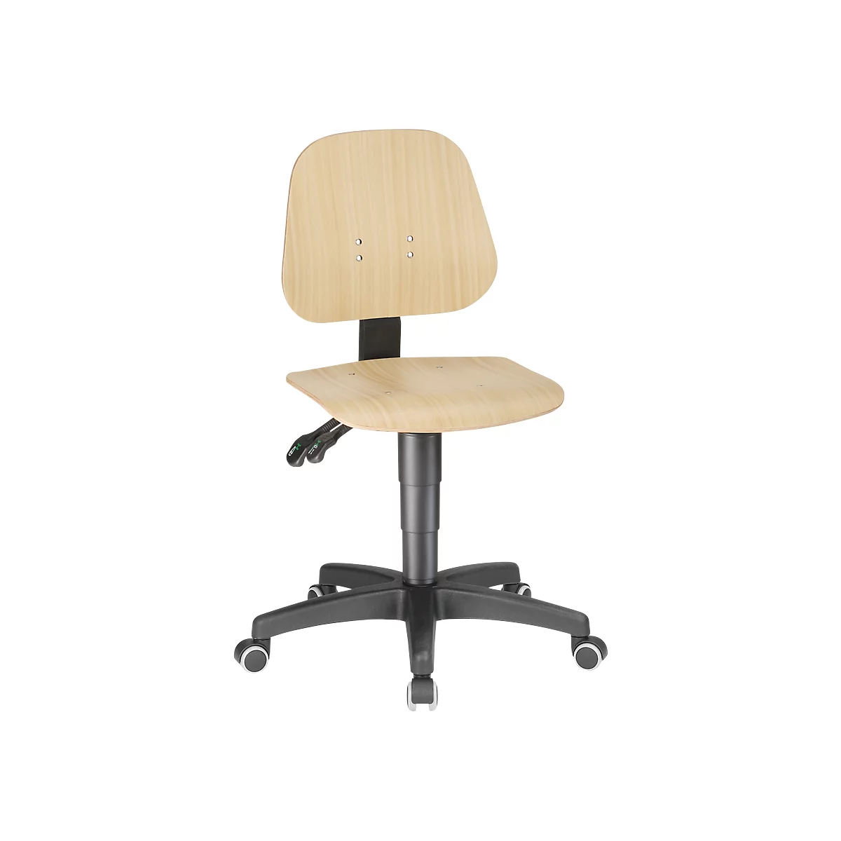 Beige office chair with wooden back, black base and wheels.