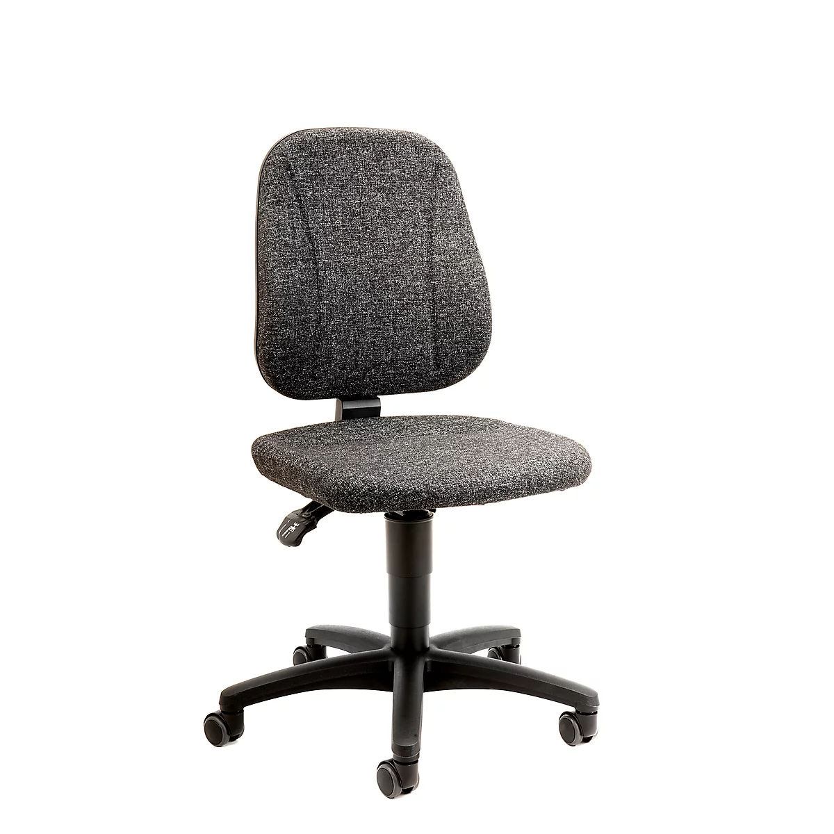 A grey office chair against a white background. The chair has a fabric back and seat, and a black frame with wheels.