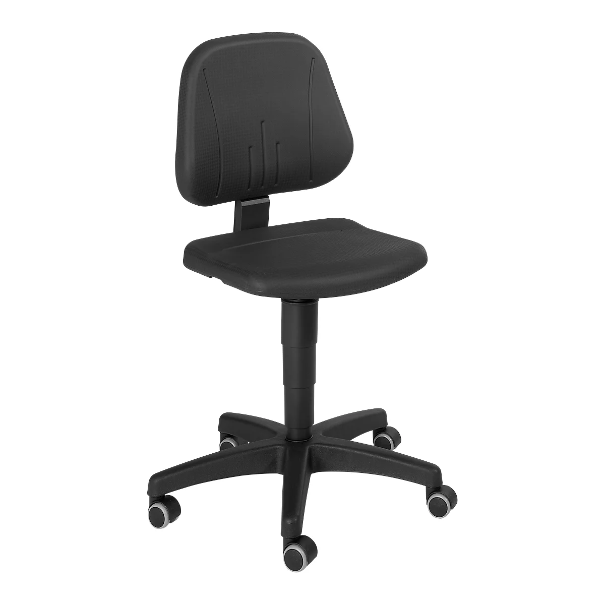 Black swivel chair with backrest, seat and wheels.