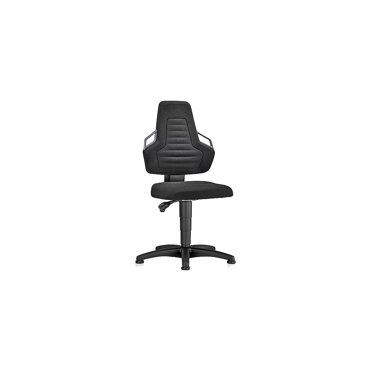 Black office chair, ergonomically designed, with high backrest and armrests.