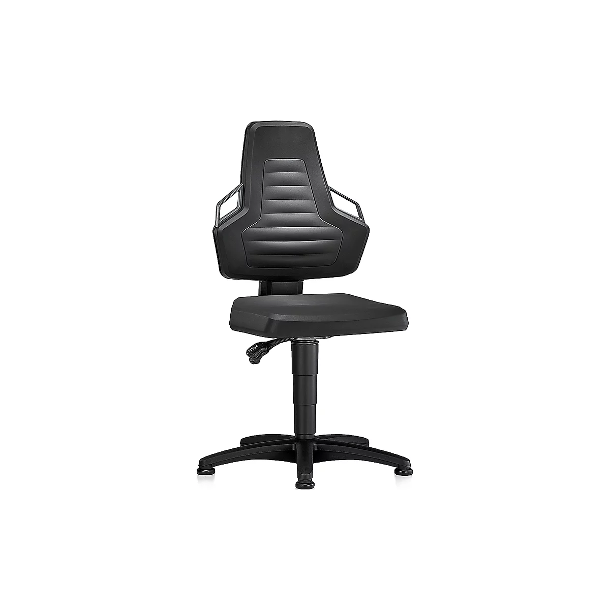 Black office chair, ergonomically designed, padded backrest, armrests, height adjustable.