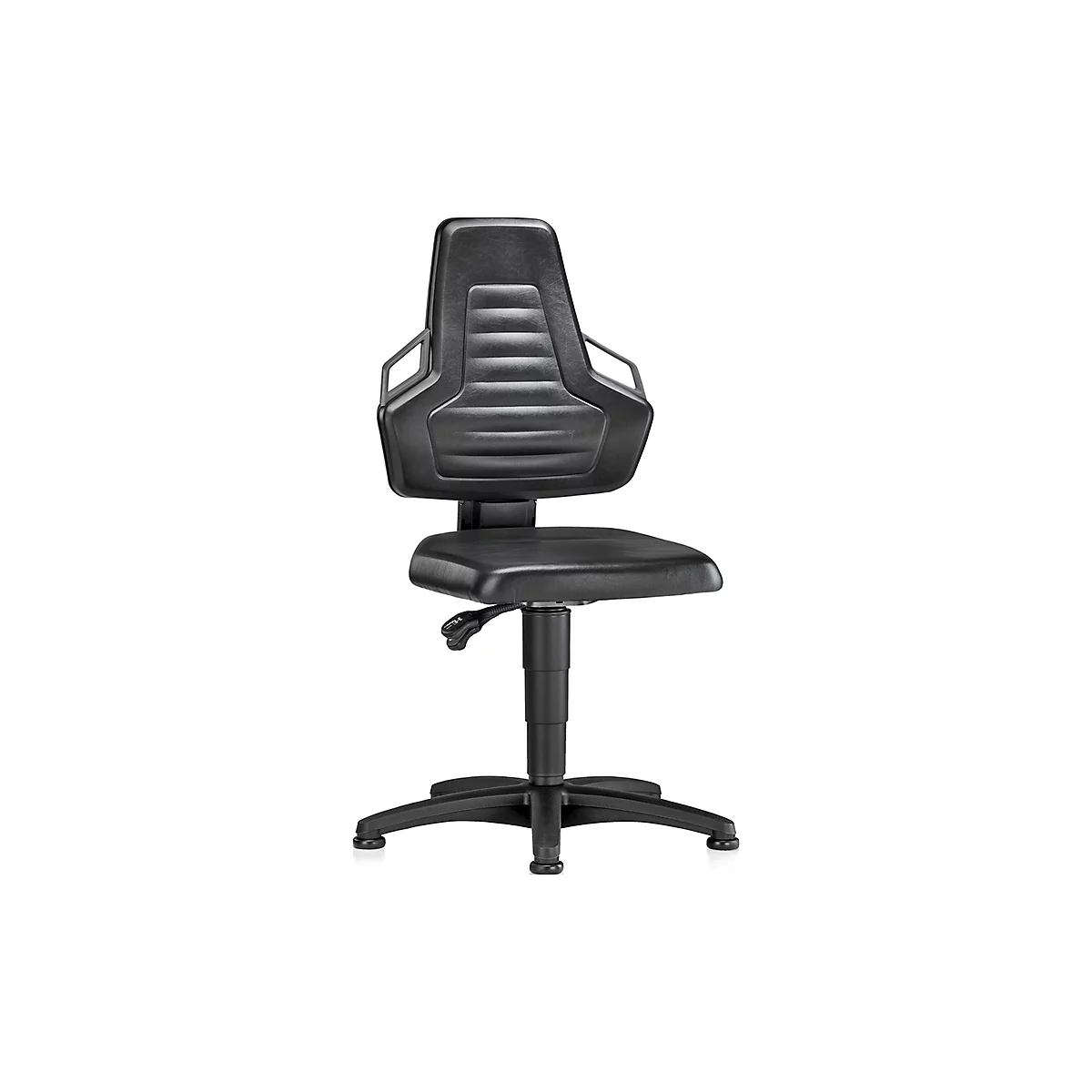 Black office chair with a high backrest. The chair has a padded back and seat, and a base.