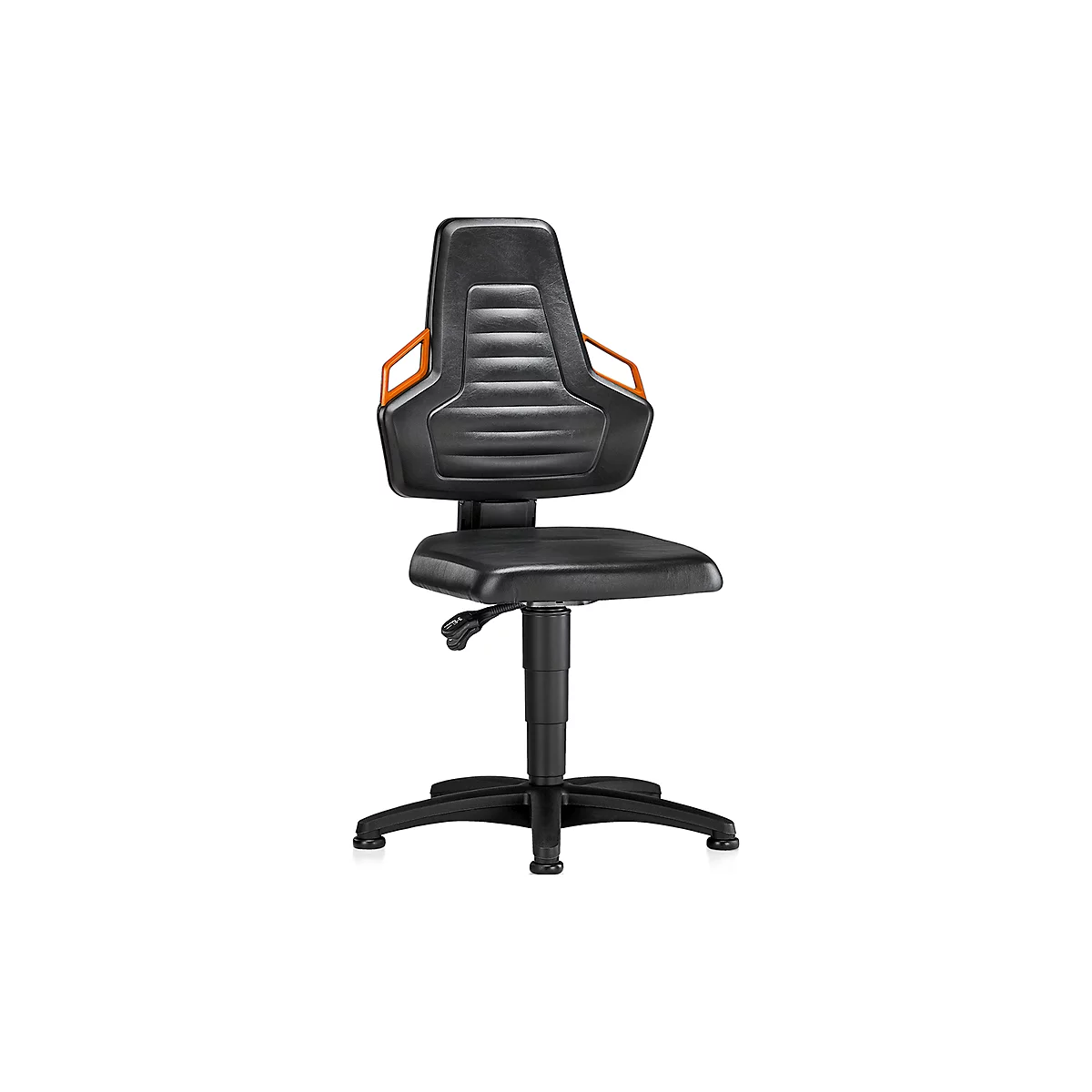 Black office chair with orange armrests. The chair has a padded backrest and seat.