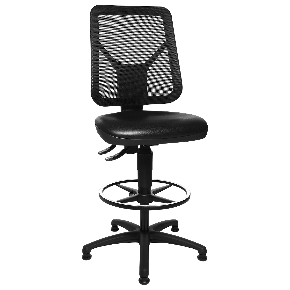 Black office chair with mesh back, padded seat, footrest, and wheeled base.