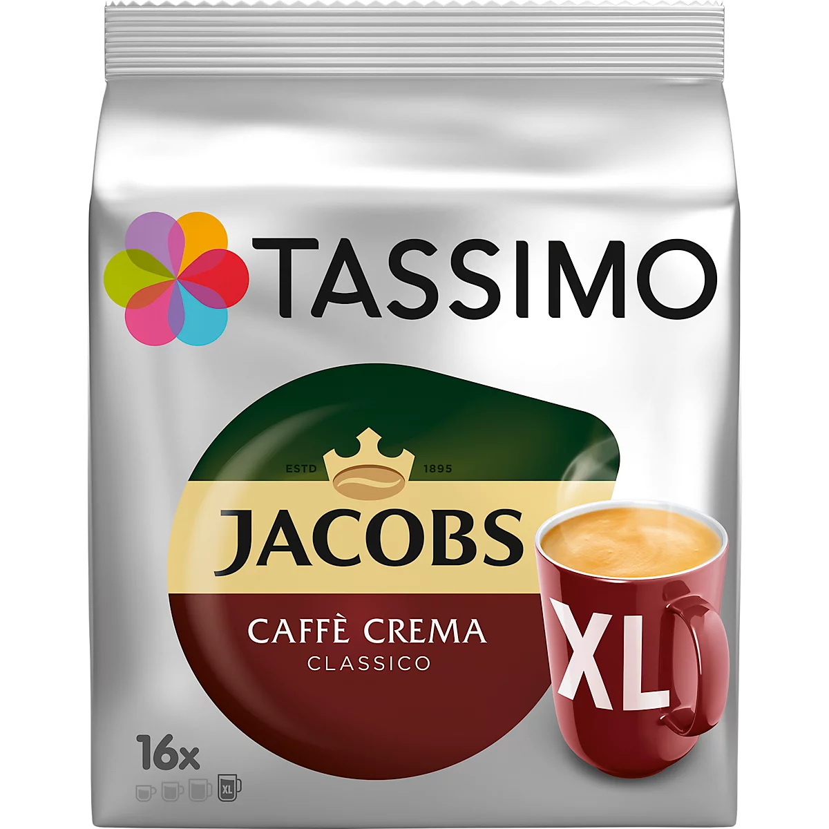 A Tassimo coffee pod pack with Jacobs Caffe Crema Classico and a red XL cup of coffee.