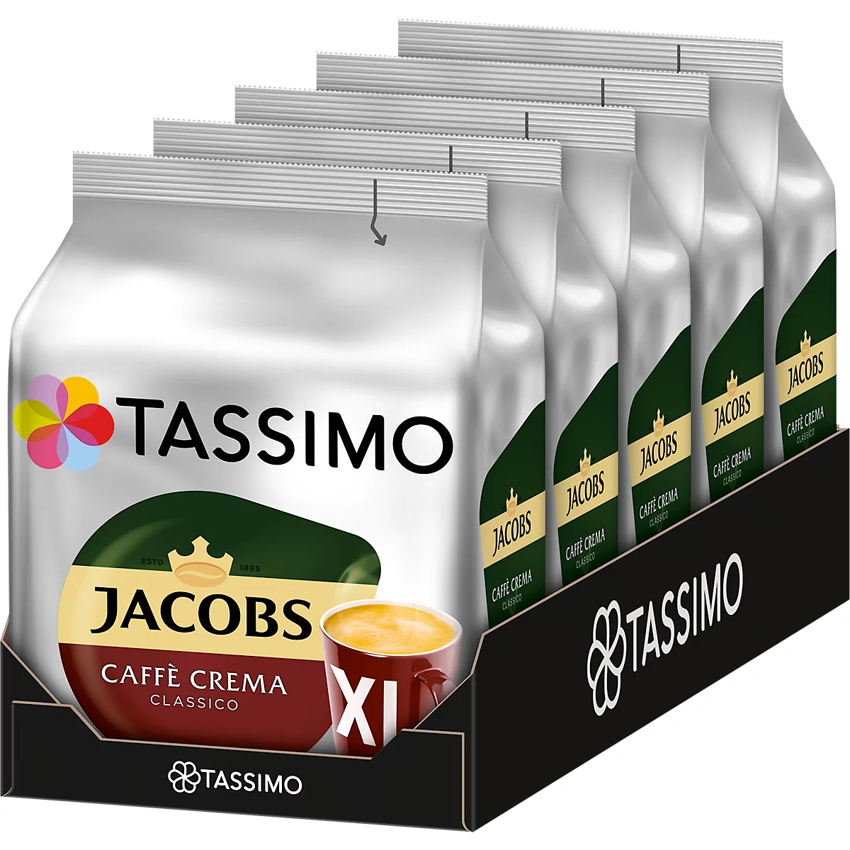 Package of Jacobs Caffè Crema coffee capsules in a black box.
