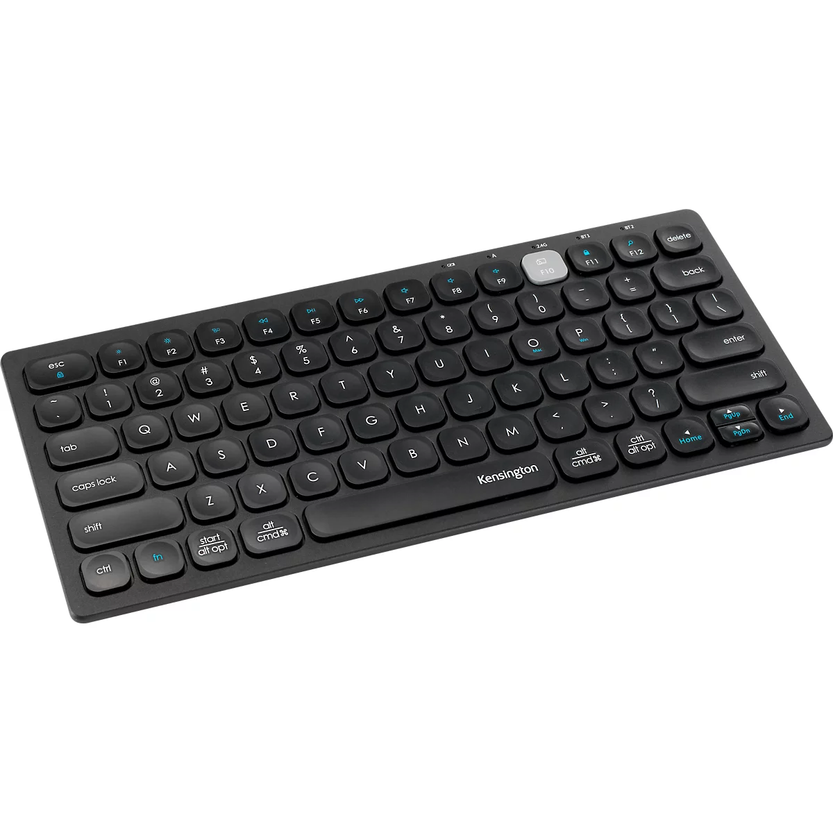 Schwarze Tastatur mit weißen und blauen Tasten und Kensington-Logo.