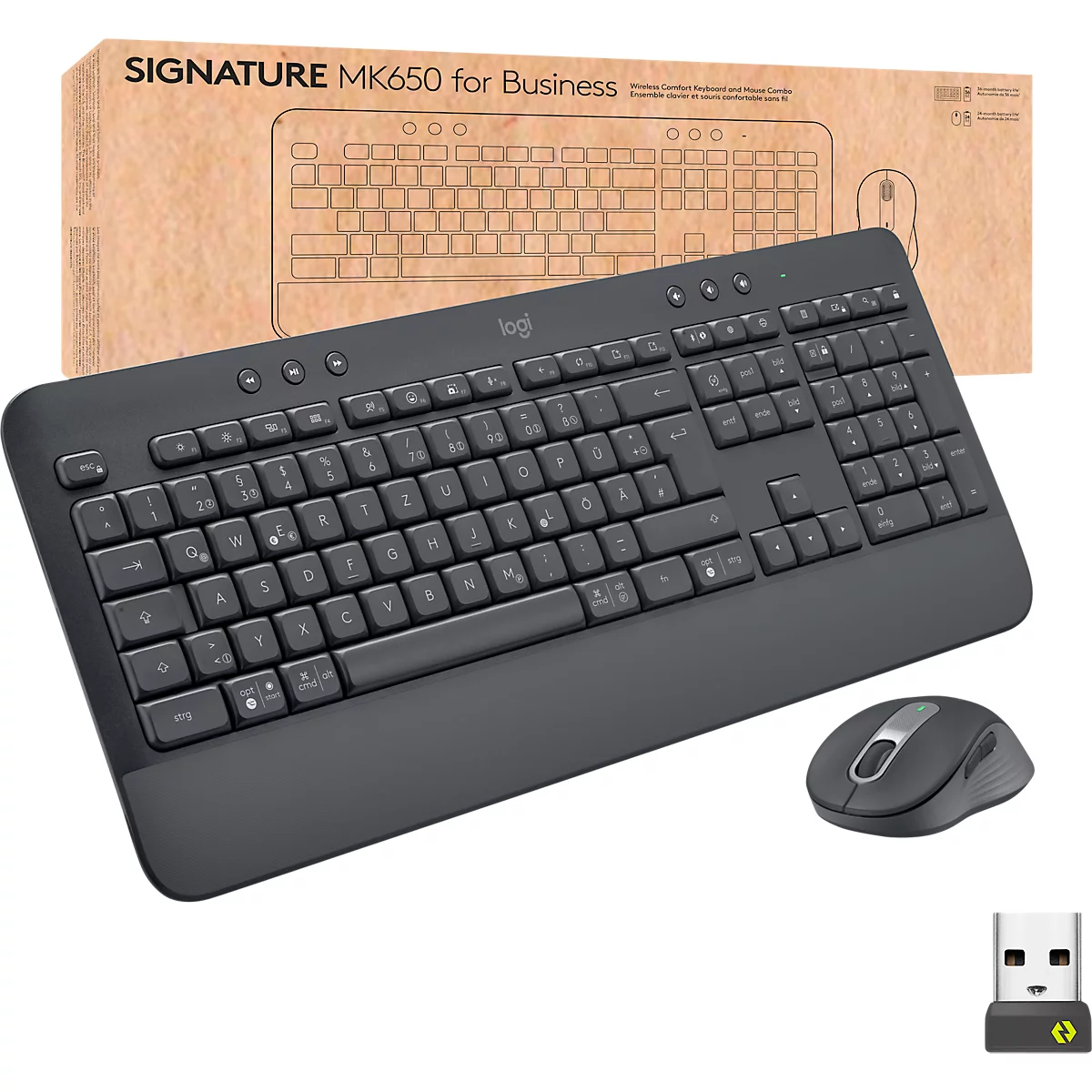 Tastatur-Maus-Set Logitech Signature Combo MK650 for Business, kabellos, QWERTZ, Handballenauflage, 2 Verbindungsmodi, schwarz