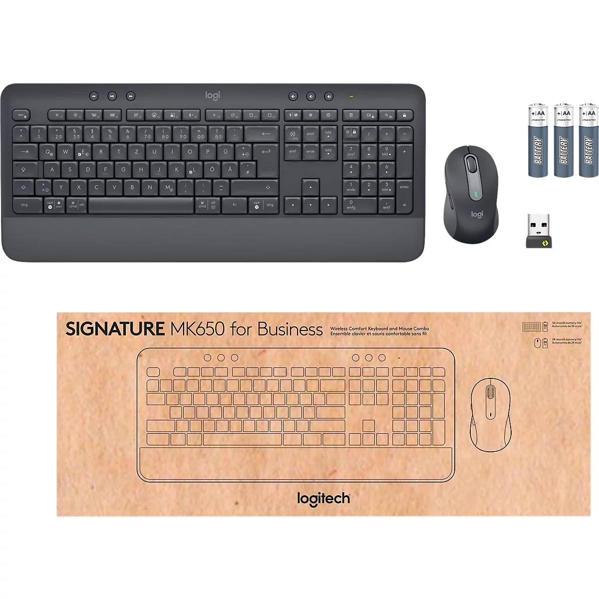 Tastatur-Maus-Set Logitech Signature Combo MK650 for Business, kabellos, QWERTZ, Handballenauflage, 2 Verbindungsmodi, schwarz