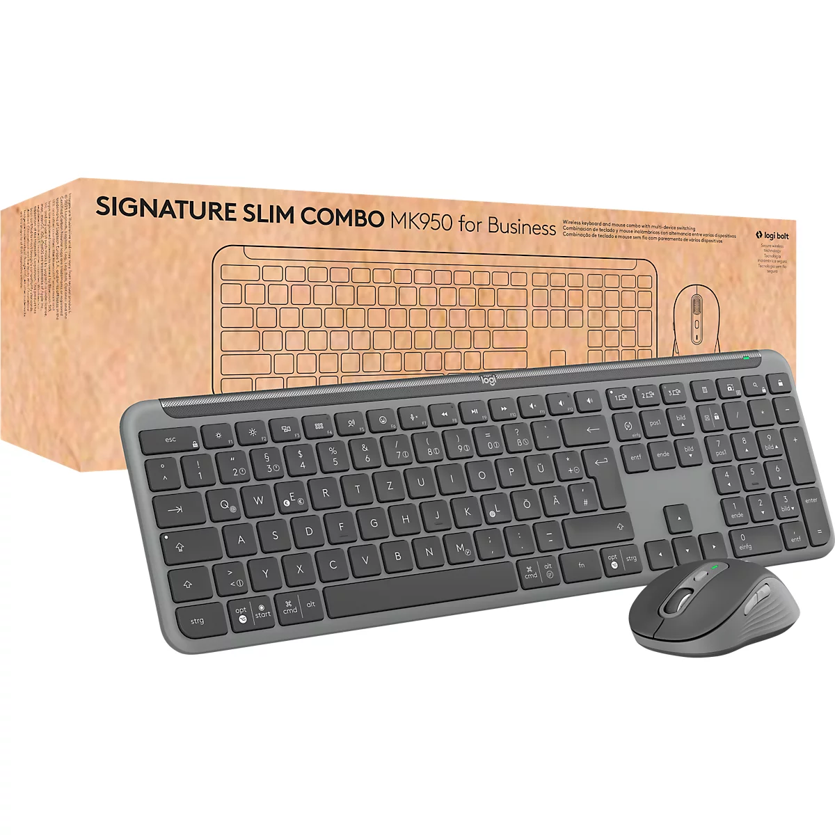 Tastatur-Maus-Set Logitech Signature Combo MK950 for Business, kabellos, QWERTZ, Handballenauflage, Maus für Rechtshänder, 2 Verbindungsmodi, graphit