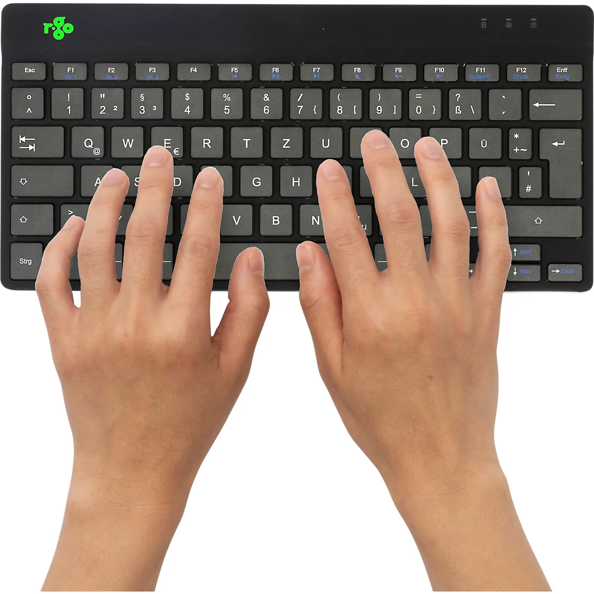 Tastatur R-Go Compact Break, kabellos, QWERTZ, LED-Pausenanzeige, Bluetooth/USB, schwarz