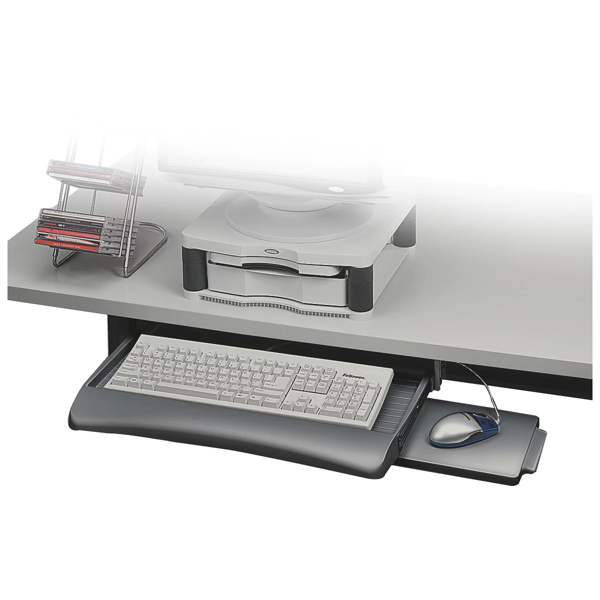 Tastaturschublade Fellowes®, auf 3 feste Höhen verstellbar, mit Mausablage, einschiebbar, B 558,8 x T 295,3 x H 58,7 mm, graphit