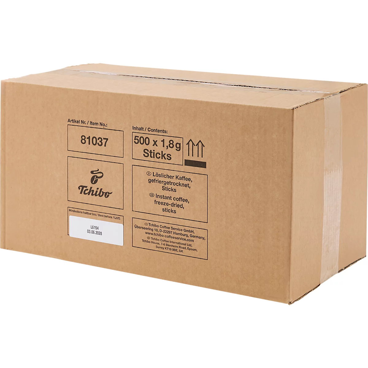 Ein brauner Tchibo Pappkarton mit Produktinformationen und Logo, der 500 Kaffeesticks enthält.