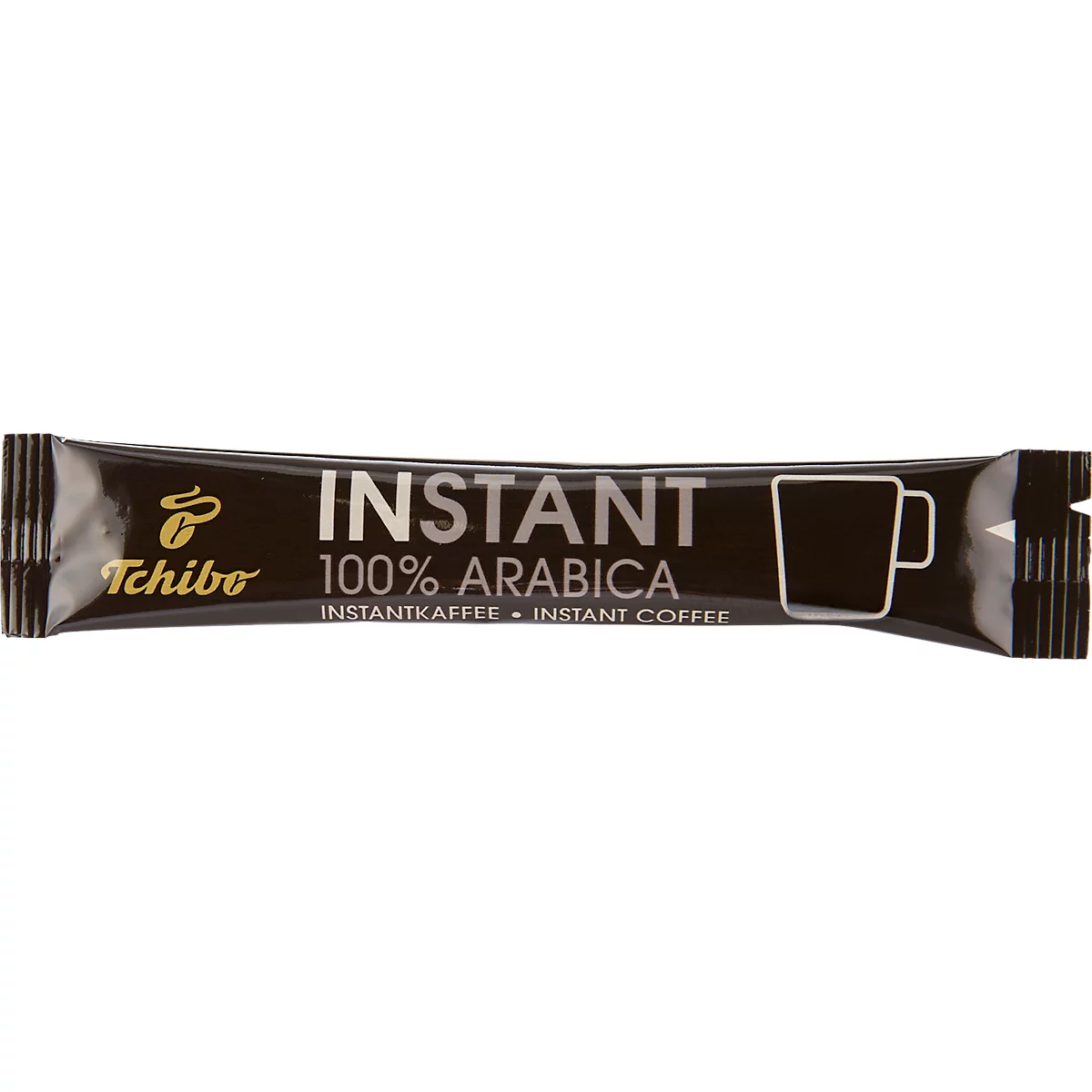 Ein schwarzer Tchibo Instantkaffee-Stick mit weißer Aufschrift 100% Arabica und Tassensymbol.