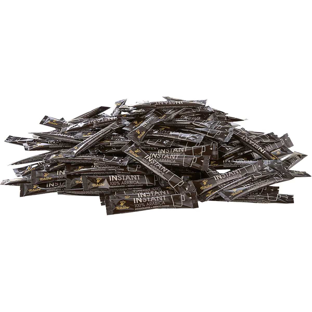 Ein Haufen schwarzer Stick-Packungen für Instant-Kaffee mit der Aufschrift Instant 100% Arabica auf weißem Hintergrund.