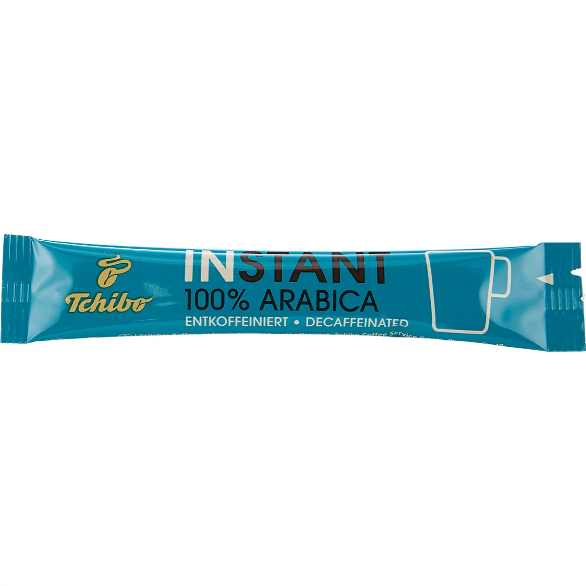 Ein blauer Tchibo Instant Kaffee-Stick, beschriftet mit 100% Arabica und entkoffeiniert.