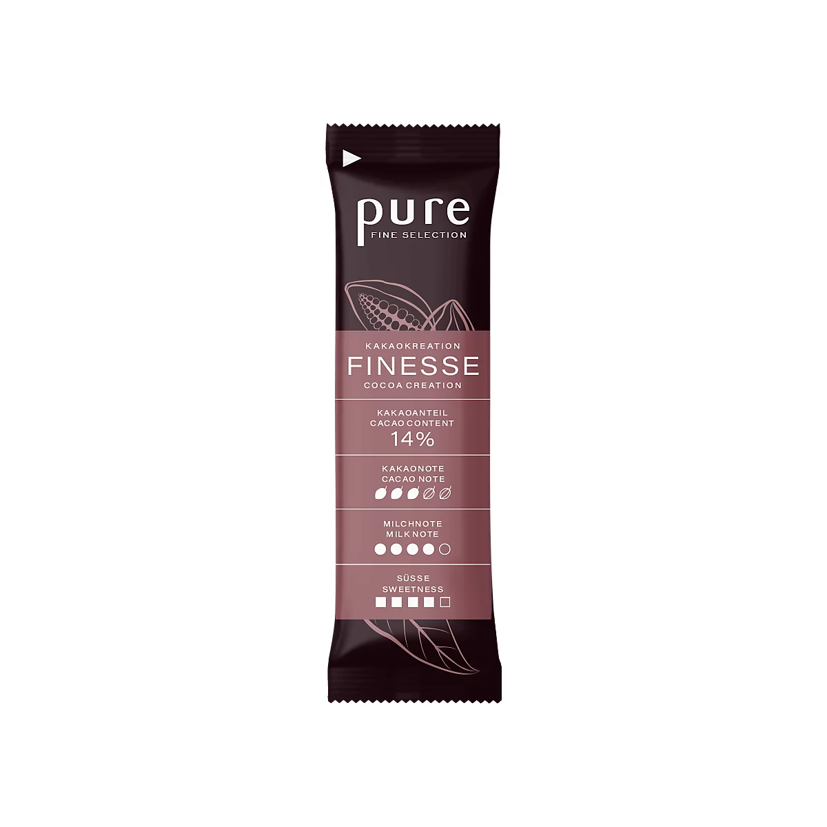 Braune Portionspackung Pure Fine Selection Finesse Kakaokreation mit 14 Prozent Kakaoanteil.