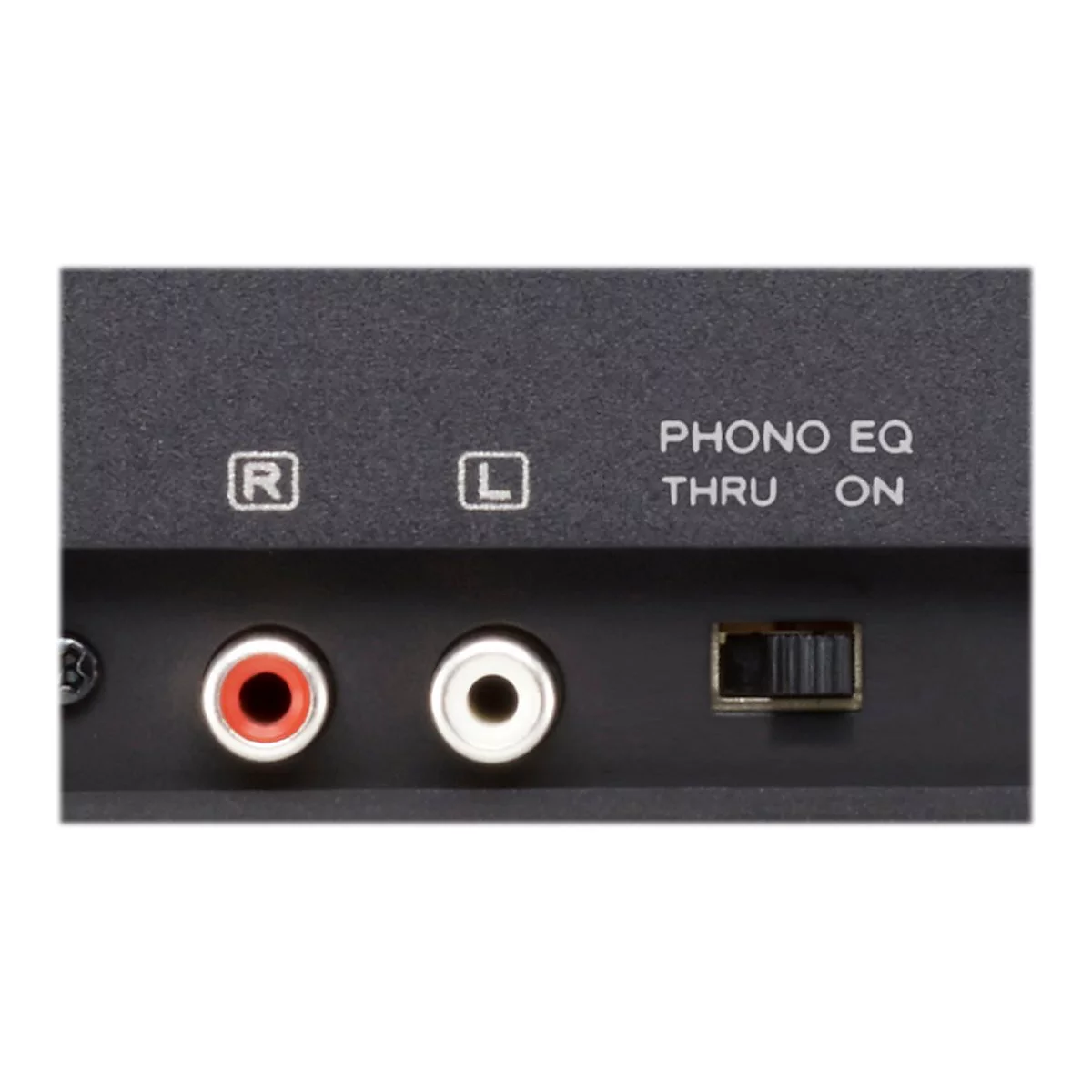 Rückseite eines Audiogeräts mit RCA-Anschlüssen (rot, weiß) und einem Phono-EQ-Schalter für Thru oder On.