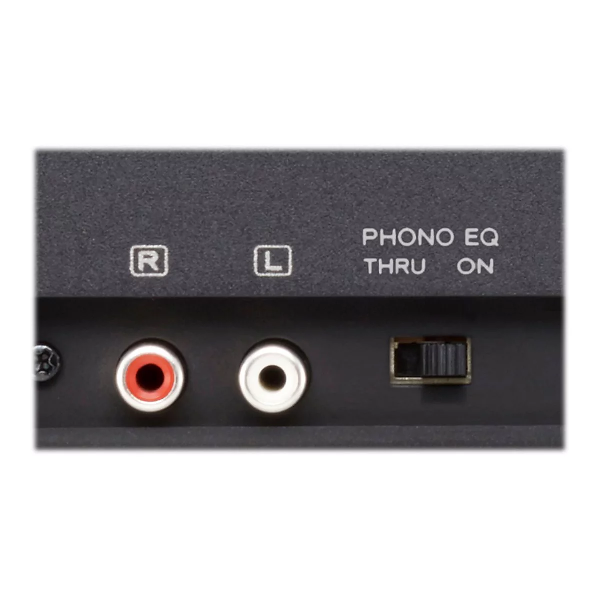 Nahaufnahme der Rückseite eines Audiogeräts mit RCA-Anschlüssen für rechts und links sowie einem Phono-EQ-Schalter.