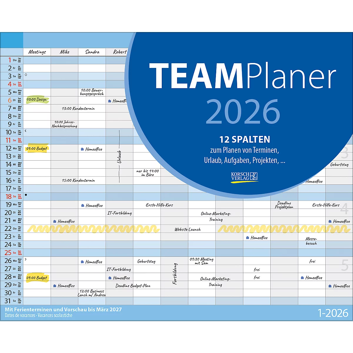 Teamplaner Korsch 2026, 12 Spalten, Kalendarium für D/EN/F/I, Ferientermine, Vorschau bis März 2027, B 440 x H 360 mm, Papier