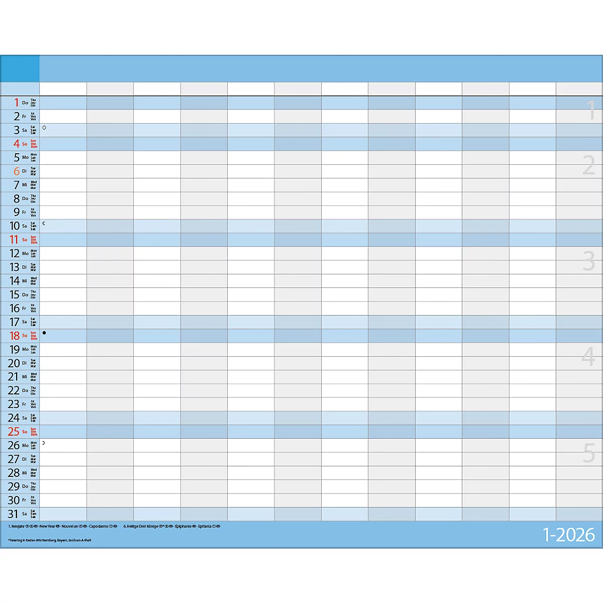 Teamplaner Korsch 2026, 12 Spalten, Kalendarium für D/EN/F/I, Ferientermine, Vorschau bis März 2027, B 440 x H 360 mm, Papier