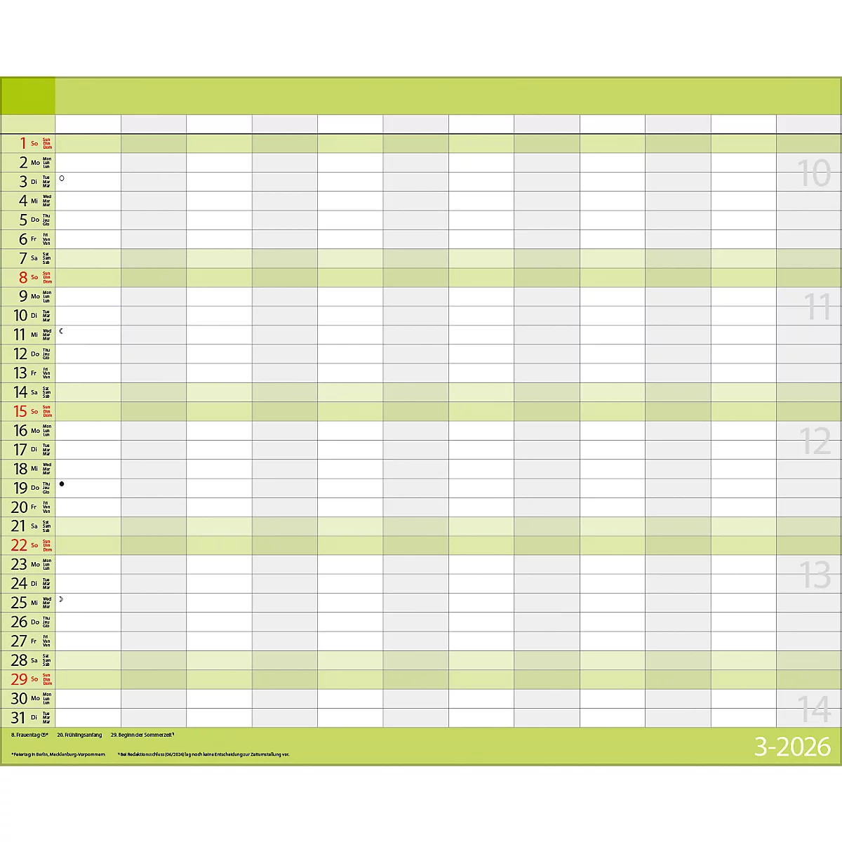 Teamplaner Korsch 2026, 12 Spalten, Kalendarium für D/EN/F/I, Ferientermine, Vorschau bis März 2027, B 440 x H 360 mm, Papier