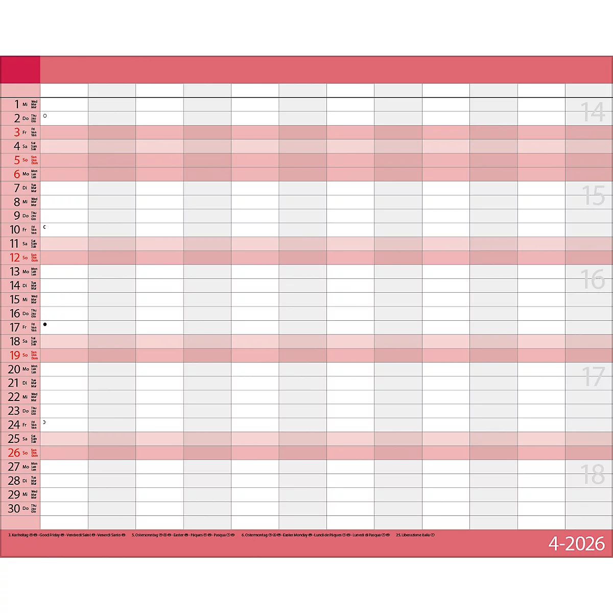 Teamplaner Korsch 2026, 12 Spalten, Kalendarium für D/EN/F/I, Ferientermine, Vorschau bis März 2027, B 440 x H 360 mm, Papier