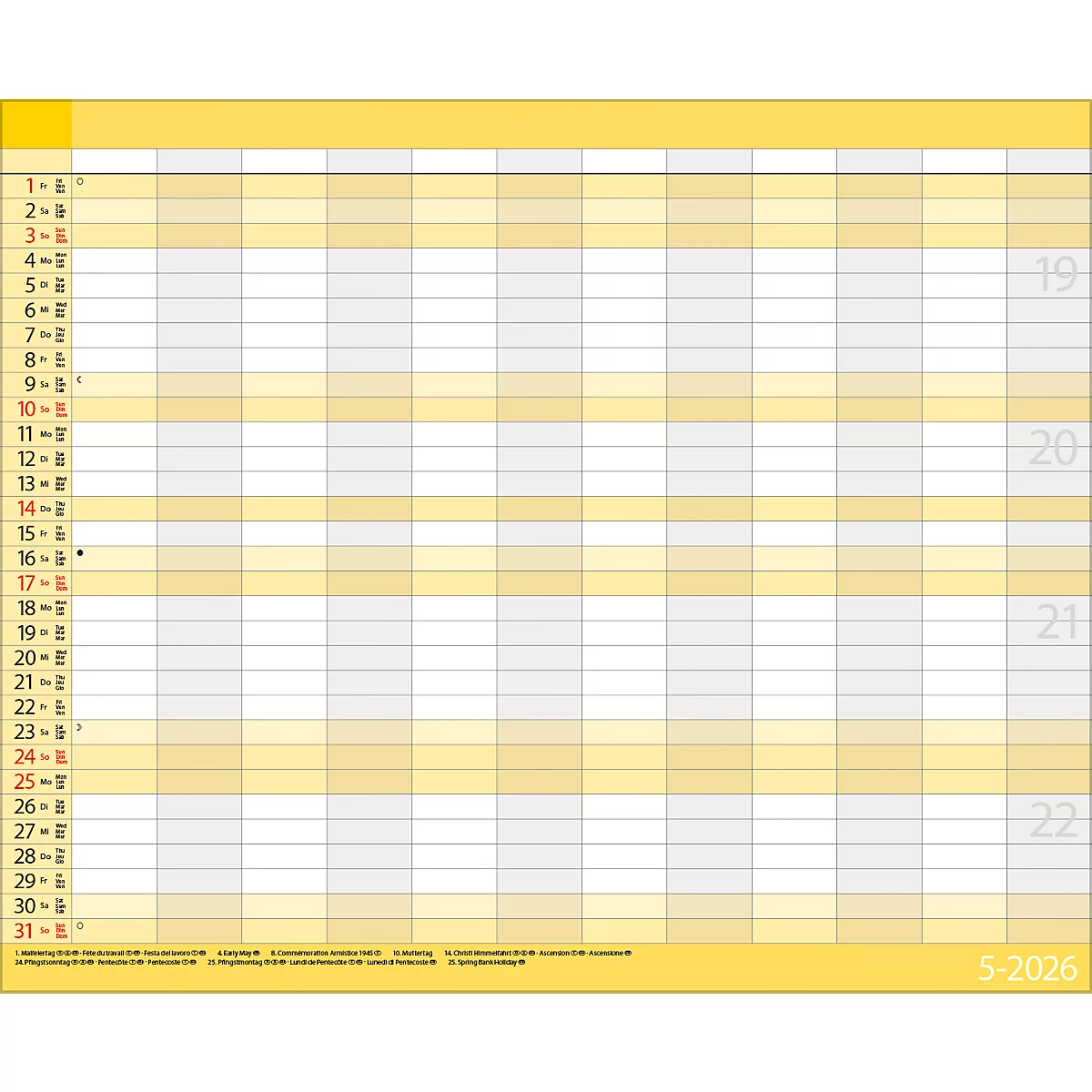 Teamplaner Korsch 2026, 12 Spalten, Kalendarium für D/EN/F/I, Ferientermine, Vorschau bis März 2027, B 440 x H 360 mm, Papier
