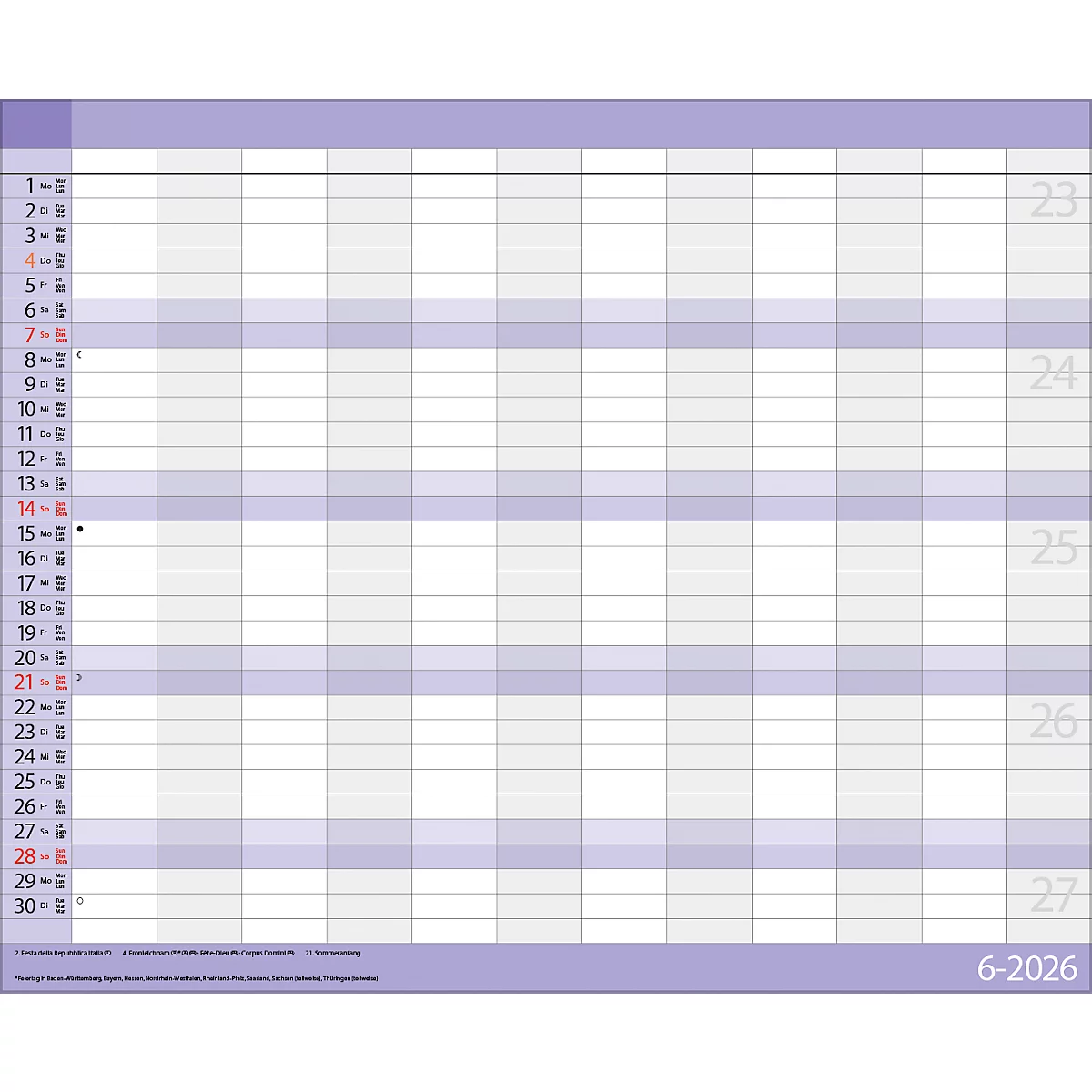 Teamplaner Korsch 2026, 12 Spalten, Kalendarium für D/EN/F/I, Ferientermine, Vorschau bis März 2027, B 440 x H 360 mm, Papier