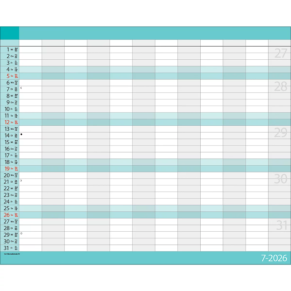 Teamplaner Korsch 2026, 12 Spalten, Kalendarium für D/EN/F/I, Ferientermine, Vorschau bis März 2027, B 440 x H 360 mm, Papier