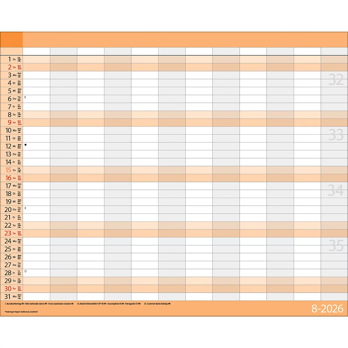 Teamplaner Korsch 2026, 12 Spalten, Kalendarium für D/EN/F/I, Ferientermine, Vorschau bis März 2027, B 440 x H 360 mm, Papier