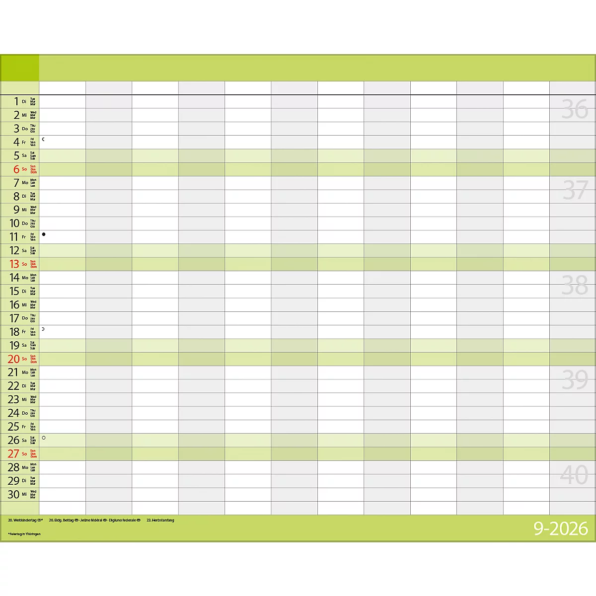 Teamplaner Korsch 2026, 12 Spalten, Kalendarium für D/EN/F/I, Ferientermine, Vorschau bis März 2027, B 440 x H 360 mm, Papier