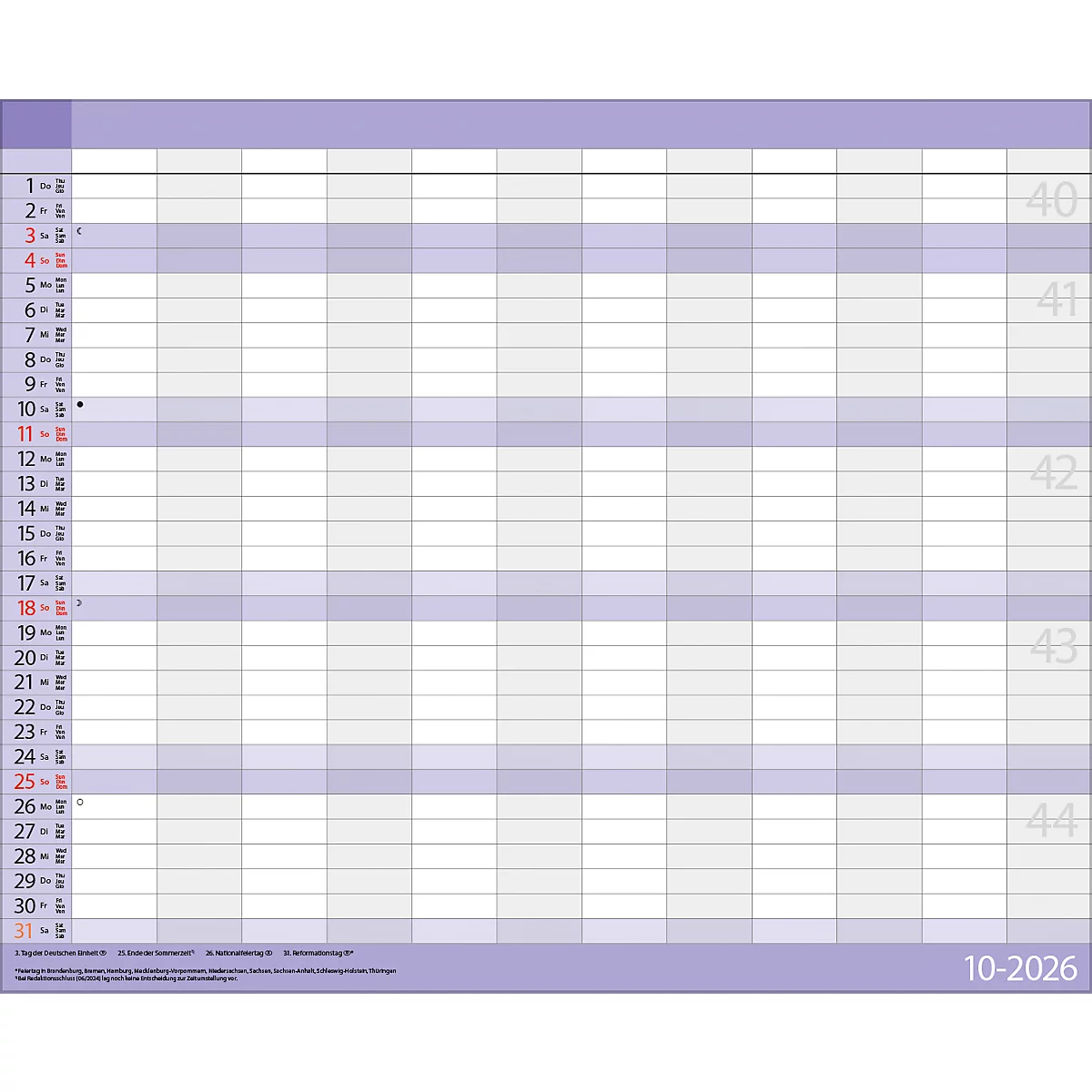 Teamplaner Korsch 2026, 12 Spalten, Kalendarium für D/EN/F/I, Ferientermine, Vorschau bis März 2027, B 440 x H 360 mm, Papier