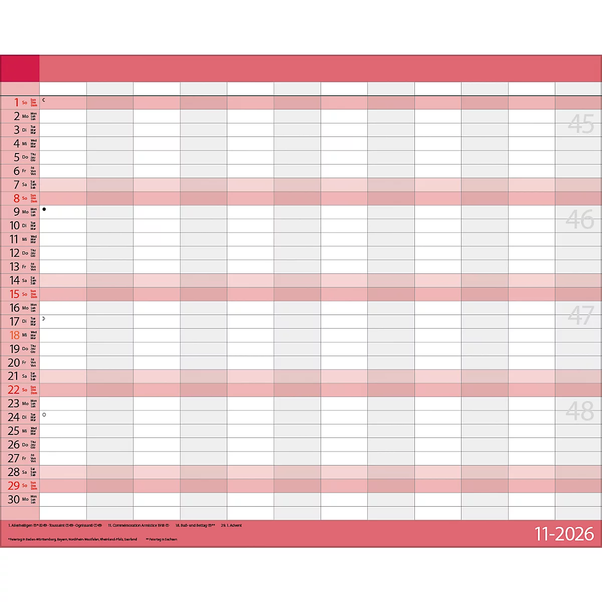 Teamplaner Korsch 2026, 12 Spalten, Kalendarium für D/EN/F/I, Ferientermine, Vorschau bis März 2027, B 440 x H 360 mm, Papier