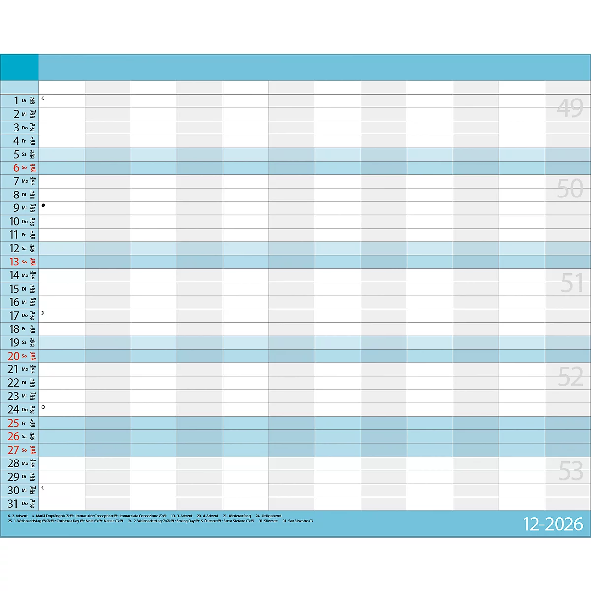 Teamplaner Korsch 2026, 12 Spalten, Kalendarium für D/EN/F/I, Ferientermine, Vorschau bis März 2027, B 440 x H 360 mm, Papier